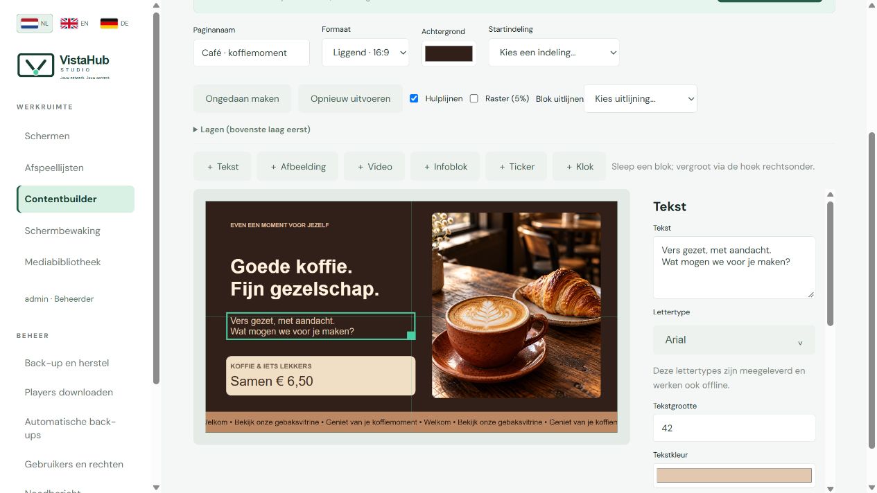 Echte contentbuilder met een canvas, informatieblokken en instelbare tekstopmaak