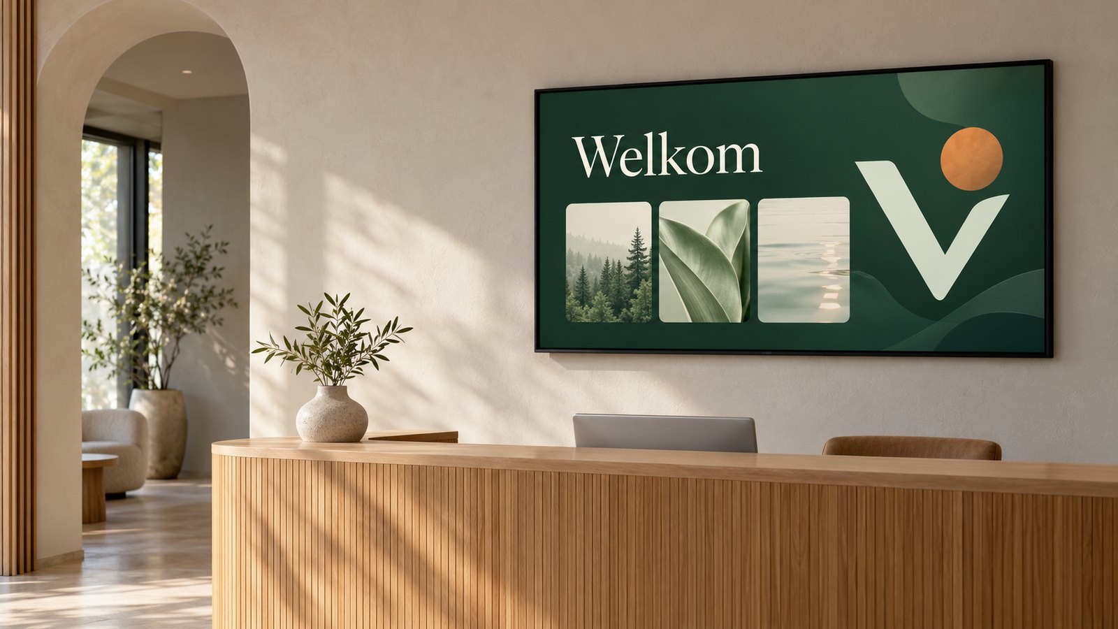 Voorbeeld van een VistaHub-welkomstscherm in een moderne receptie
