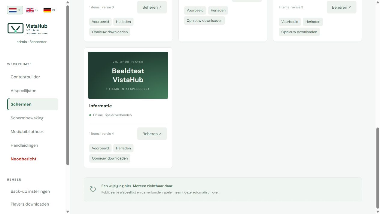 Echte productweergave van het VistaHub Studio-dashboard