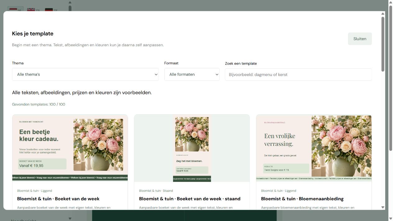 Actuele templatekiezer met honderd keuzes en filters voor thema, formaat en zoektekst