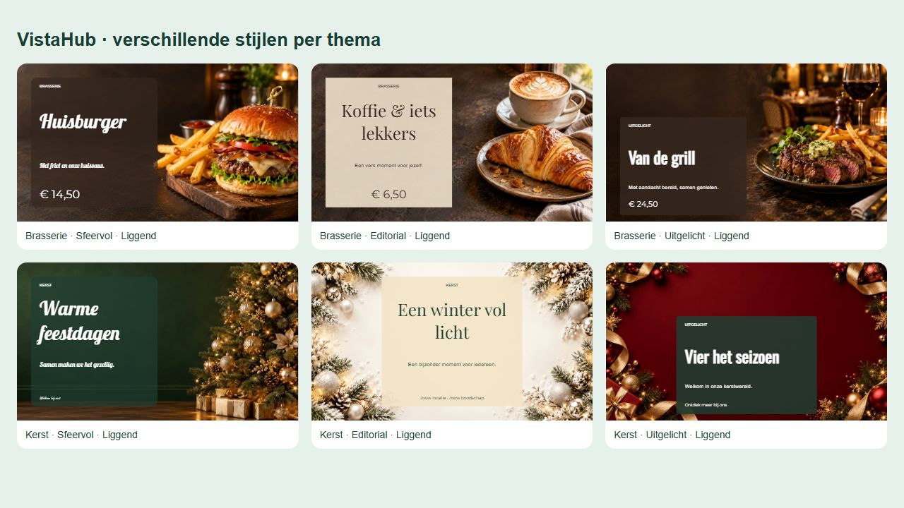 Zes voorbeelden met verschillende stijlen voor brasserie en kerst